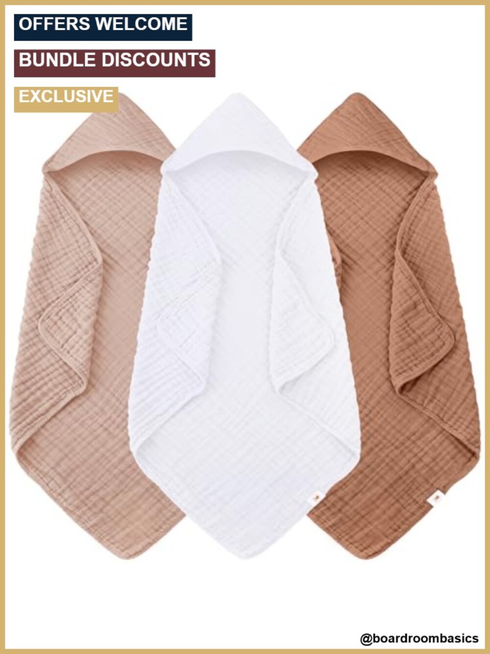 100% Muslin Cotton Hooded Baby Bath Towels 3 Pack 32x32 Inch for Newborns